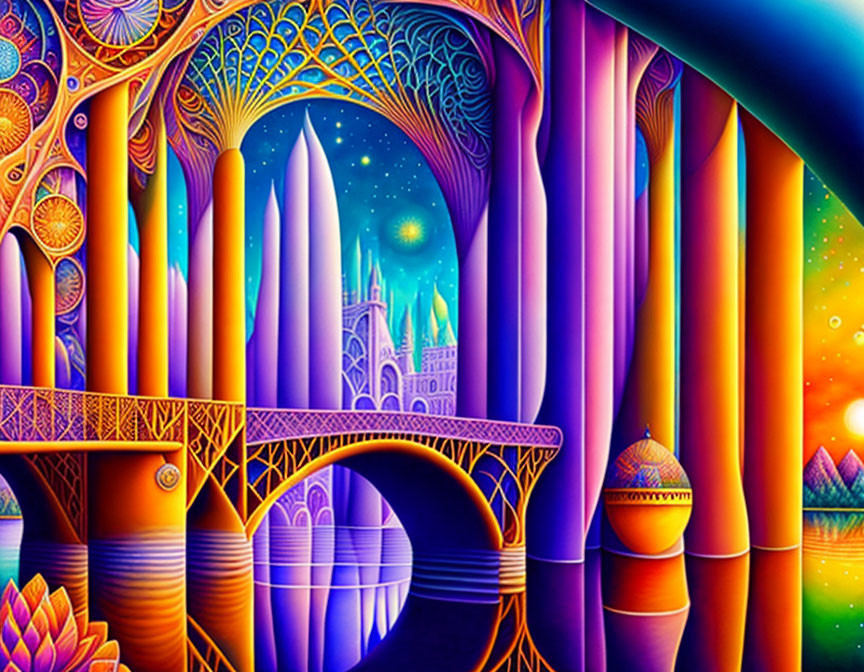 Colorful Fantasy Landscape with Intricate Architecture and Celestial Bodies