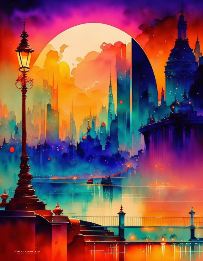 Colorful cityscape at sunset with moon, silhouetted buildings, water reflection, street lamps