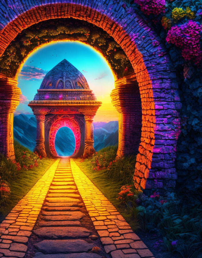 Scenic pathway with ornate archway, sunset view over tranquil sea, flora, and stone walls