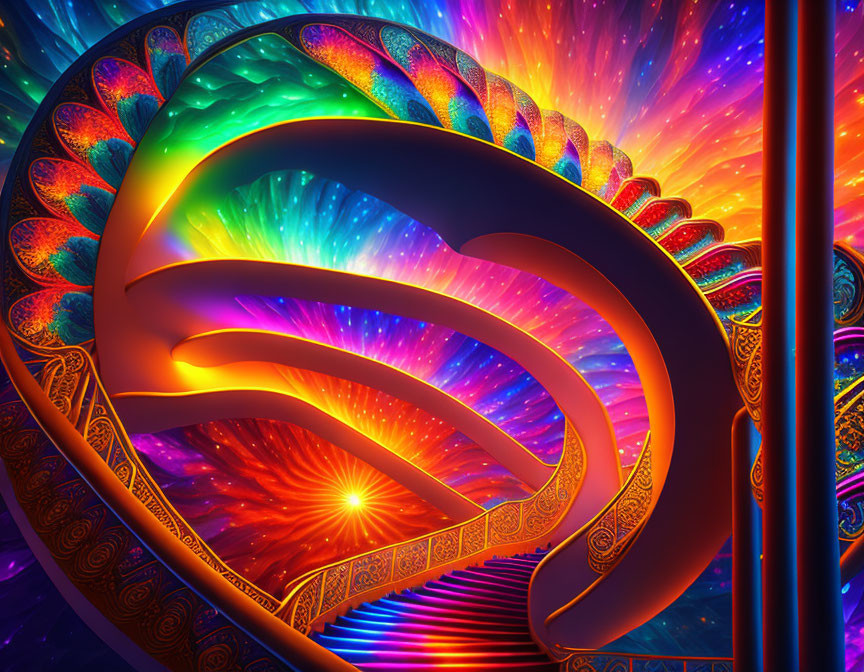 Psychedelic staircase with swirling patterns in vibrant digital artwork