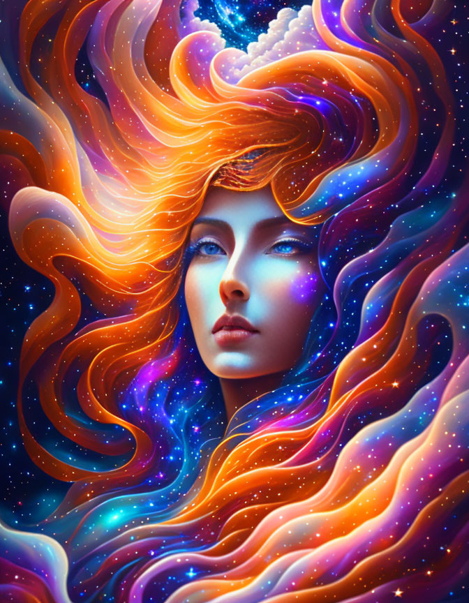 Colorful cosmic background with woman's flowing hair illustration