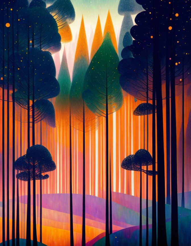 Colorful Stylized Forest Scene with Tall Purple, Orange, and Yellow Trees