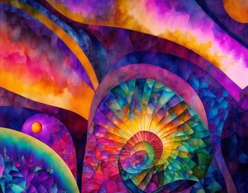 Colorful Abstract Artwork with Swirling Patterns in Blue, Purple, and Orange