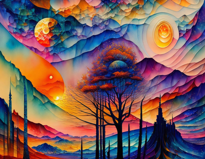 Colorful Psychedelic Artwork of Surreal Landscape with Two Suns and Crescent Moon