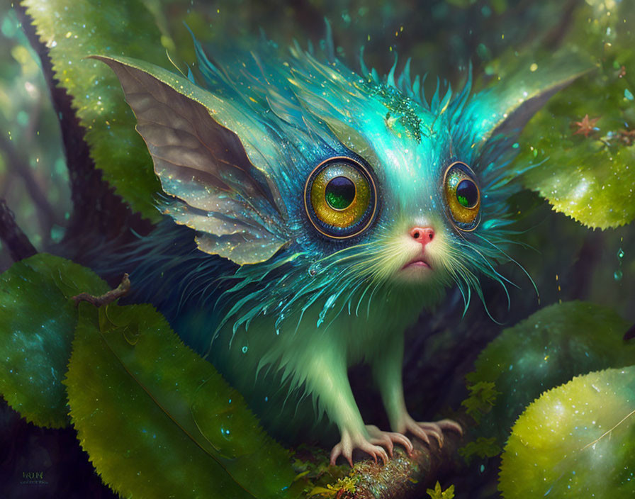 Whimsical creature with aqua-blue fur and leaf-like wings in lush greenery