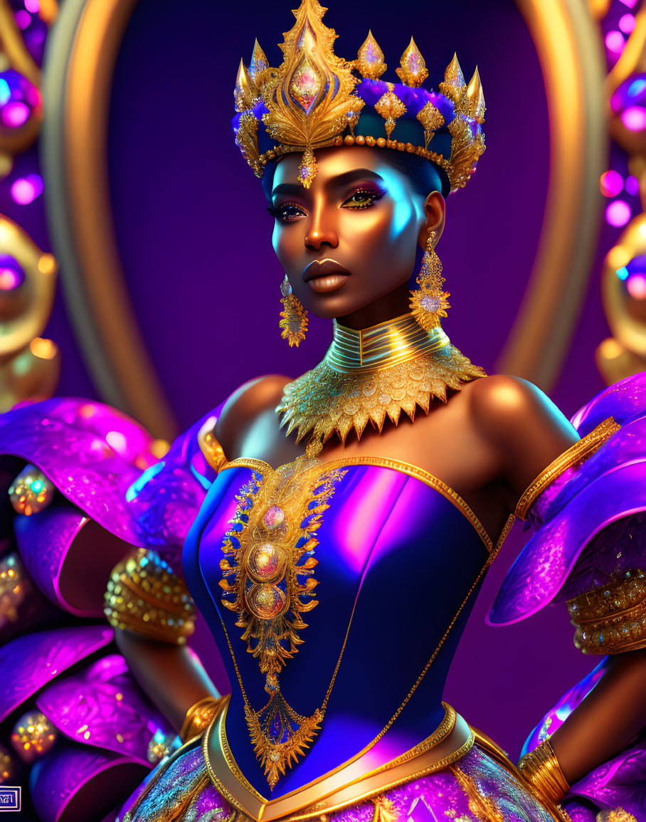 Regal Figure with Golden Crown and Jewelry on Purple Background