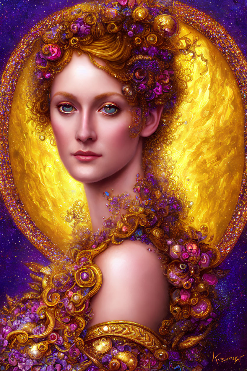 Golden-haired woman portrait with floral details on purple background