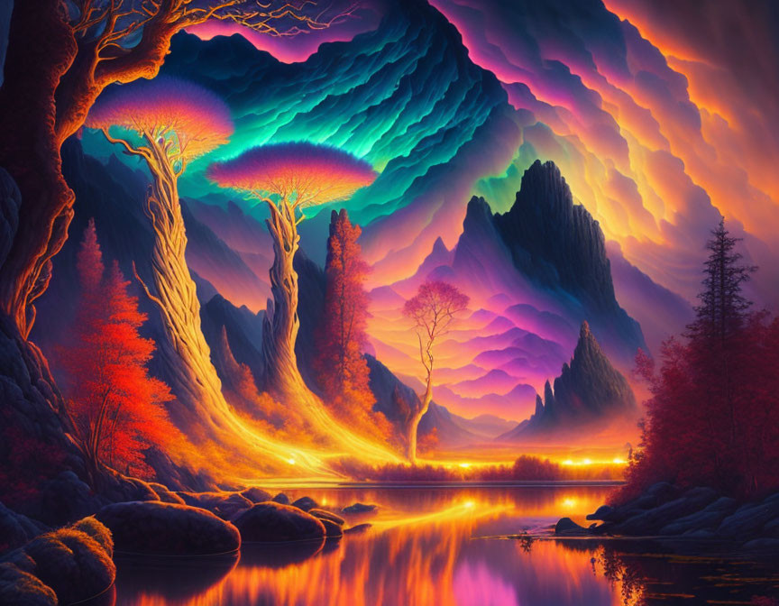 Vibrant fantasy landscape with luminous trees, radiant river, colorful mountains