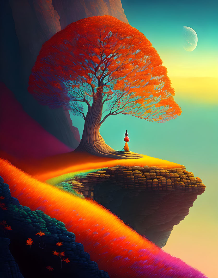 Colorful Digital Artwork: Person under Orange Tree on Cliff