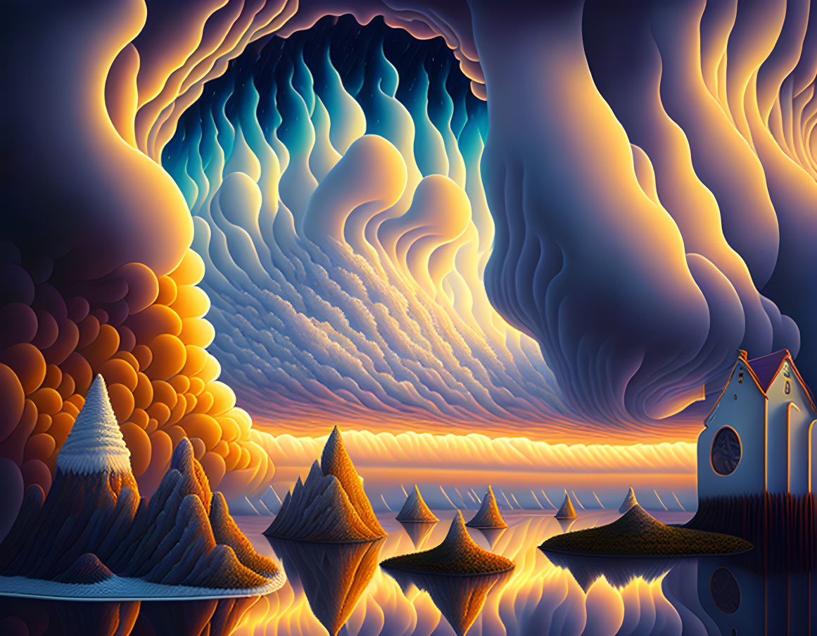 Surreal landscape with fiery sky, undulating clouds, reflective water, and fantastical structures.