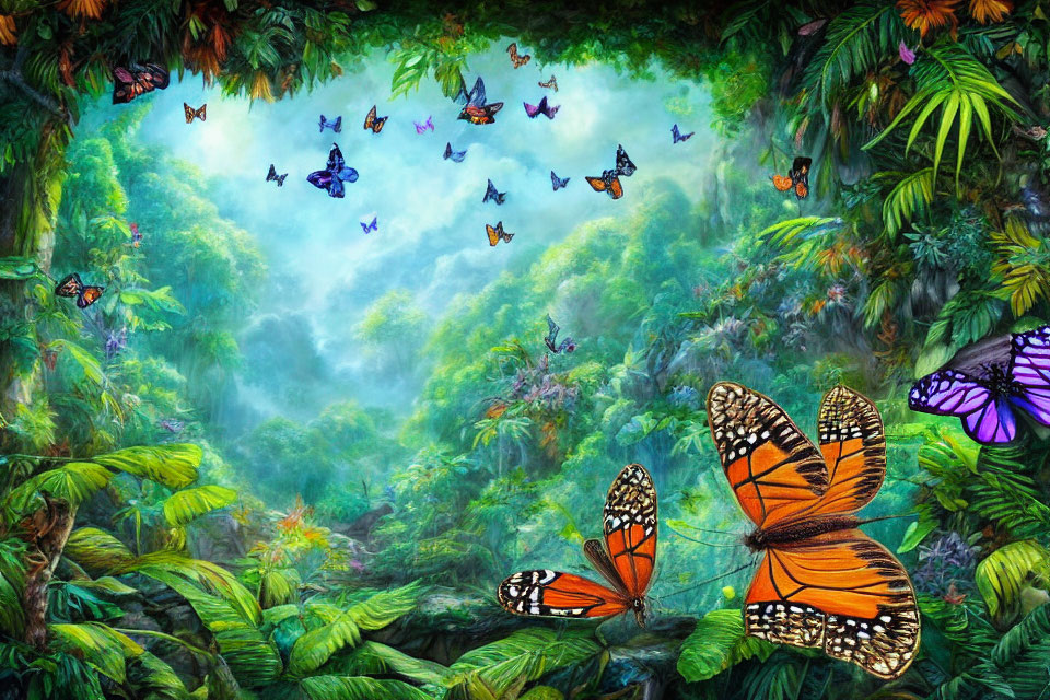 Lush Green Jungle Scene with Colorful Butterflies and Misty Air