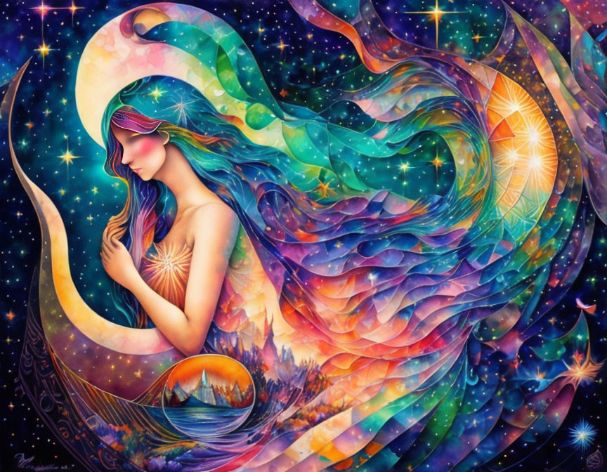 Colorful Artwork: Woman with Flowing Hair in Cosmic Background