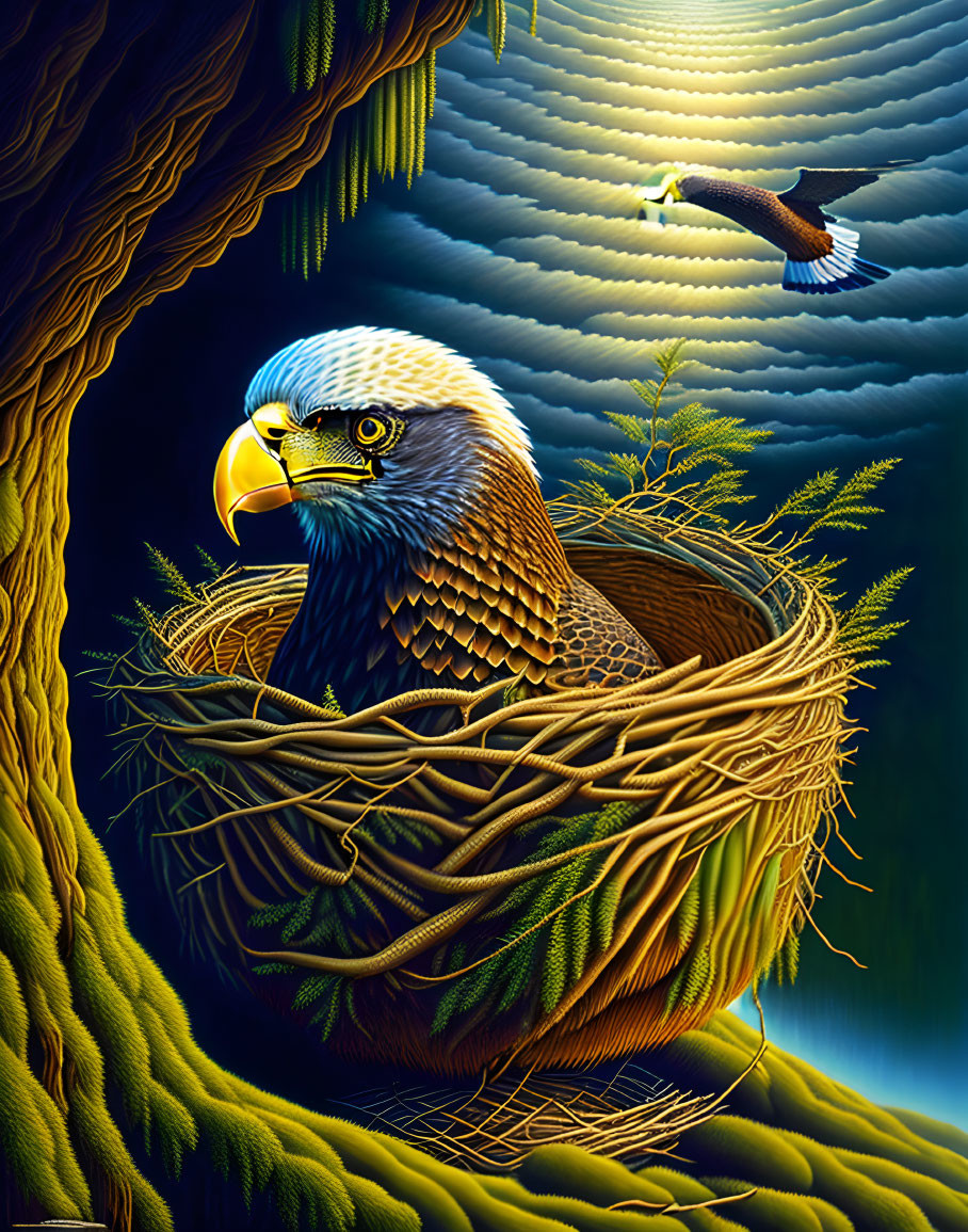 Eagle nestled in treetop nest with soaring companion in sky