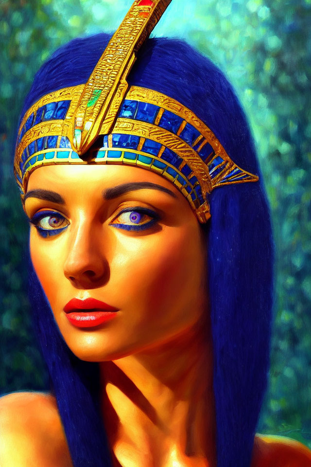 Portrait of a woman styled as Egyptian pharaoh with golden headdress and blue and gold headpiece