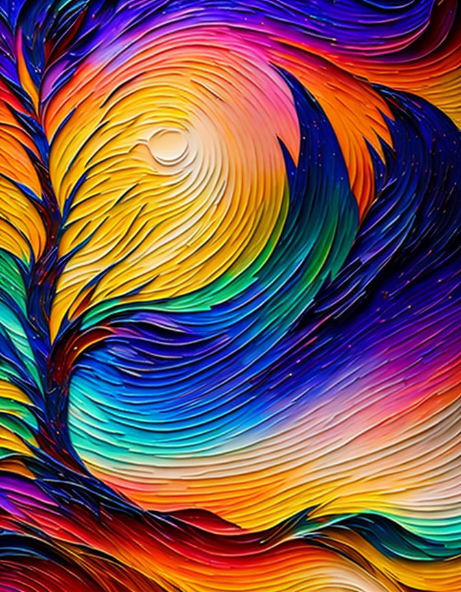 Colorful abstract feather-like pattern with dynamic swirls