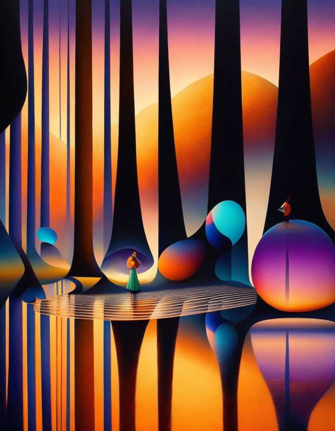 Colorful abstract landscape with geometric shapes, human figure, bird, reflections, and warm sunset palette