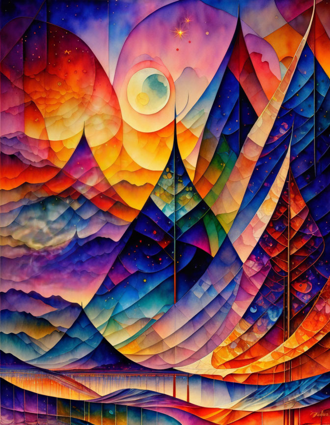 Abstract colorful painting: wavy mountains, sailboats, starry sky