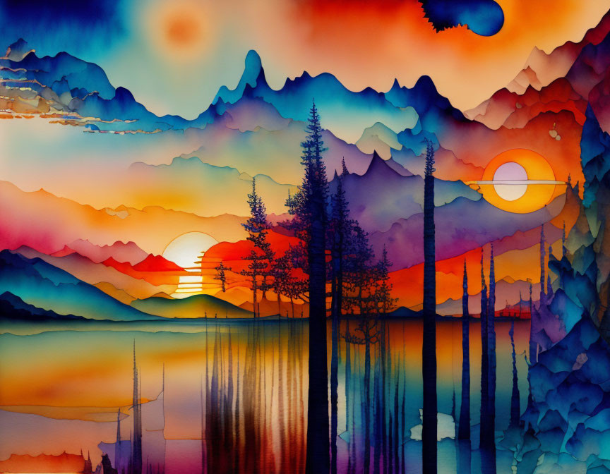 Colorful Landscape with Silhouetted Trees, Layered Mountains, and Sunset Reflection