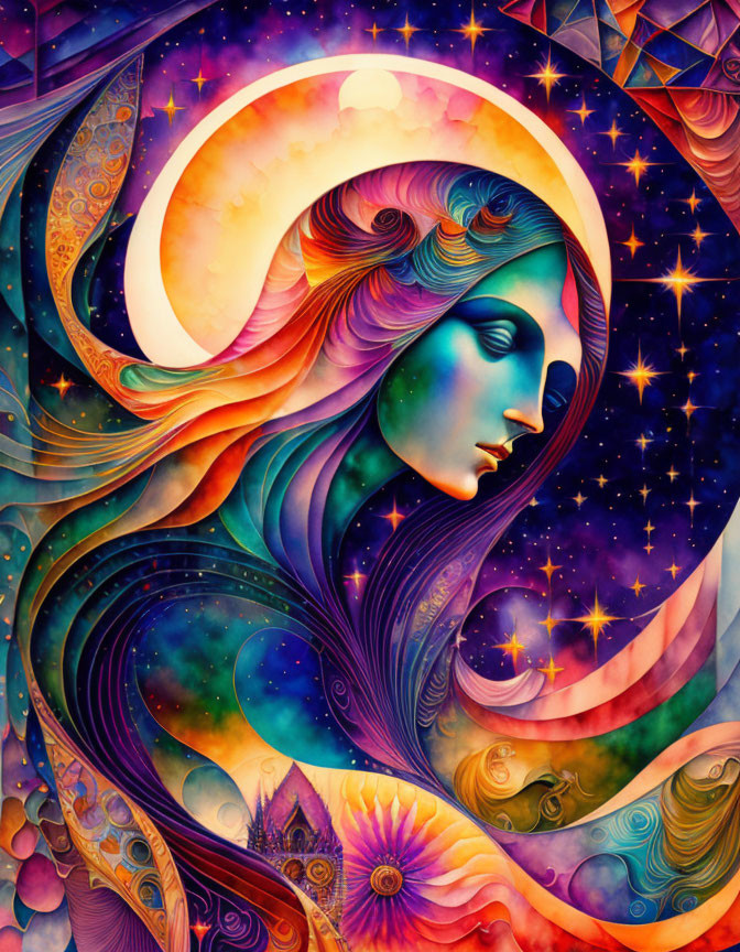 Colorful Woman's Profile with Cosmic Motifs and Crescent Moon