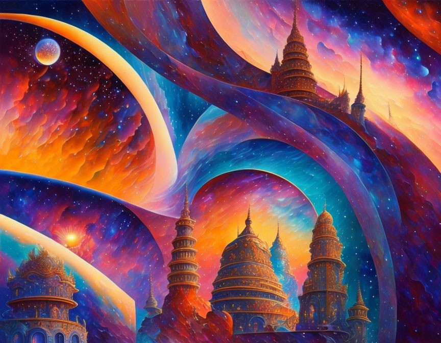 Colorful surreal artwork: cosmic elements with Eastern architecture and swirling galaxies