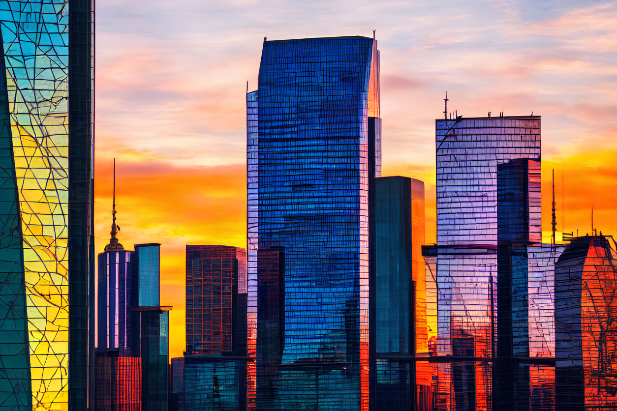 Vibrant sunset sky reflecting on modern skyscrapers