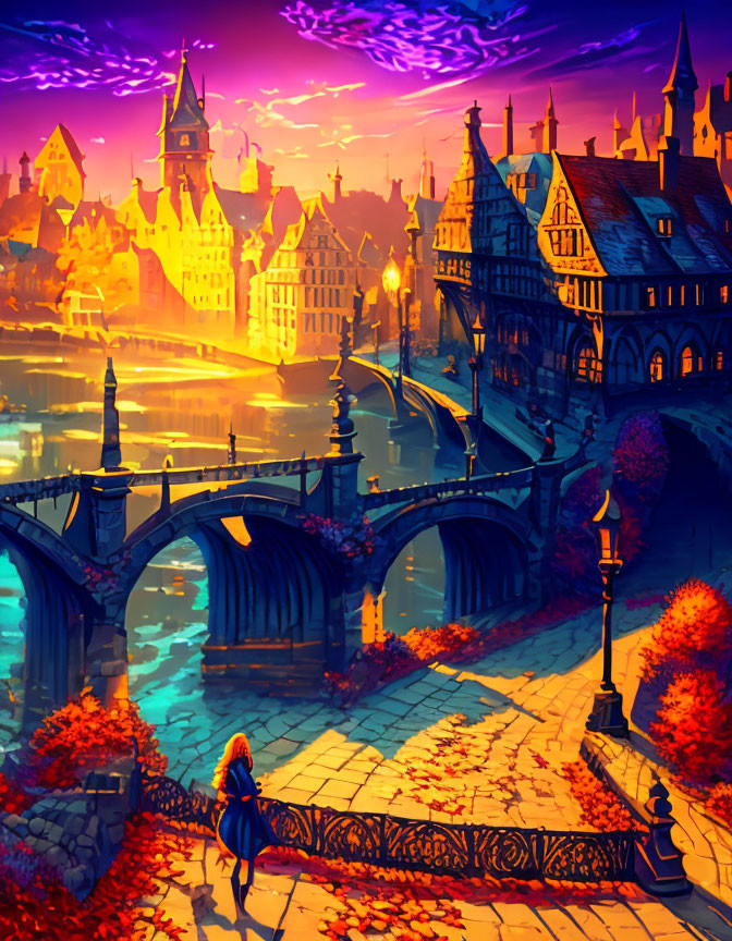 Person on cobblestone path in vibrant fantasy cityscape at twilight