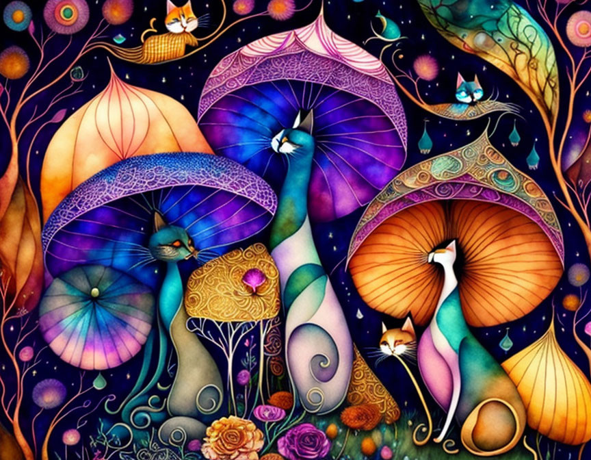 Colorful Peacocks with Mushroom Tails in Enchanted Forest Scene