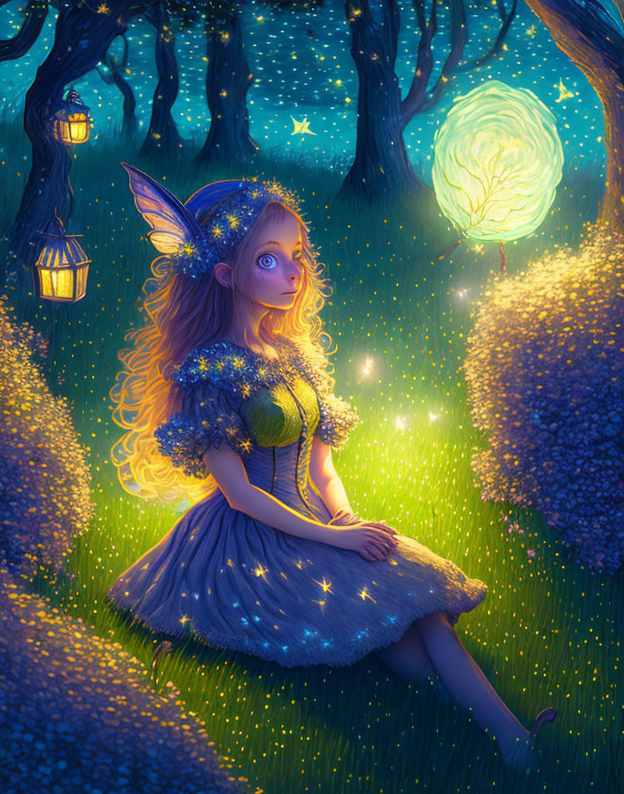 Enchanted forest scene with fairy and butterfly wings at twilight