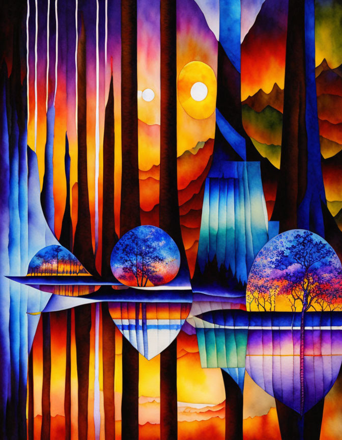 Colorful abstract painting of surreal landscape with trees, spheres, and waterfalls.