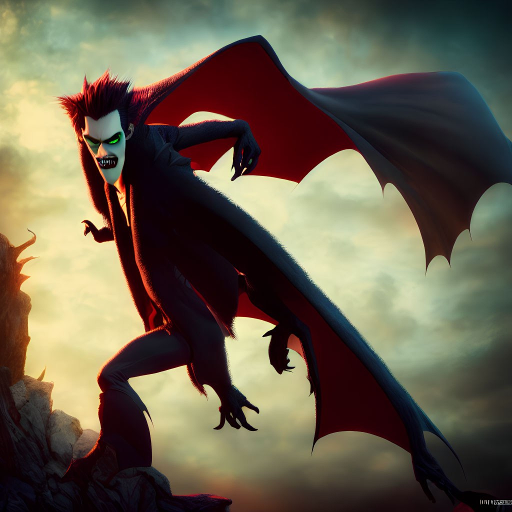 Menacing Animated Vampire with Sharp Fangs and Large Wings on Rocky Outcrop