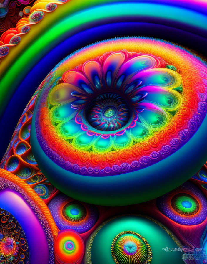 Colorful Digital Fractal with Spiral Patterns and Floral Designs