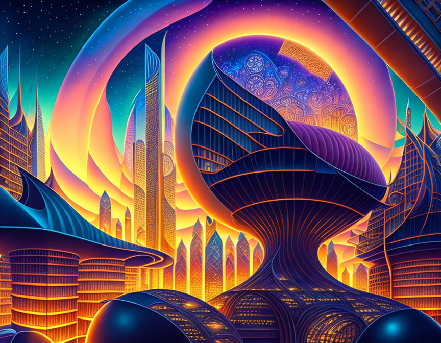 Futuristic cityscape with glowing buildings under starry sky & intricate spherical structure