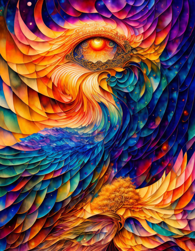 Colorful Phoenix Illustration with Eye: Vibrant orange, blue, and purple hues symbolize reb