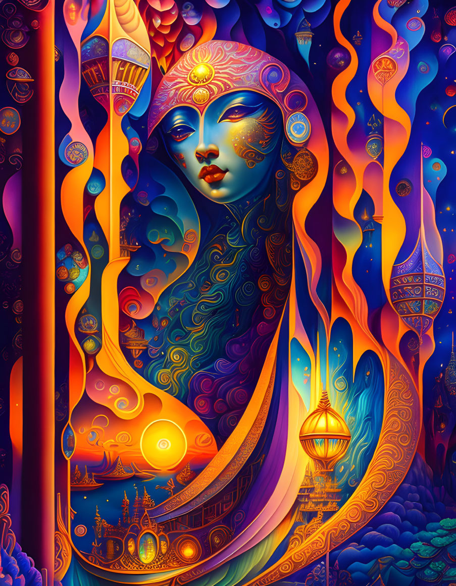 Colorful Psychedelic Illustration of Female Figure with Blue Skin