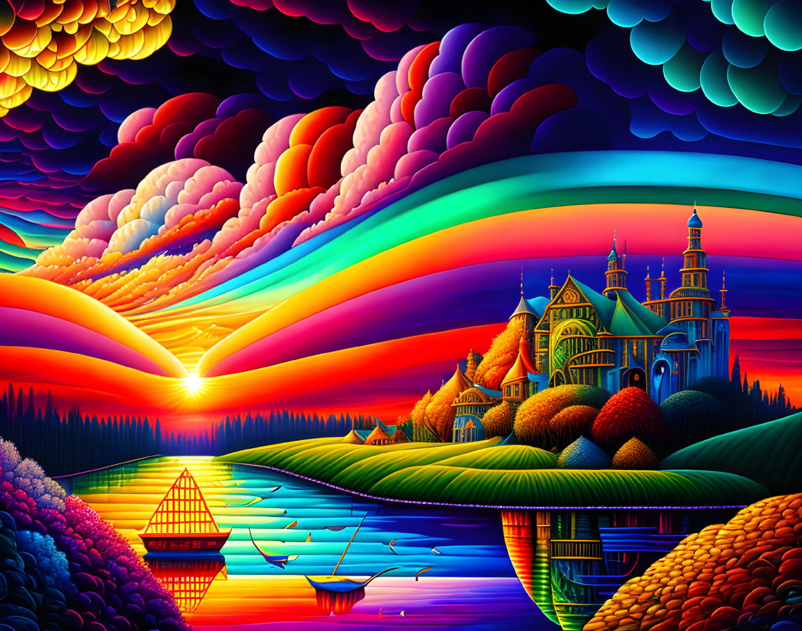 Colorful surreal landscape with castle, hills, water, boats, and sunset