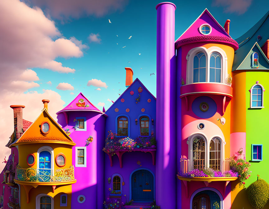 Vibrant Whimsical Houses with Ornate Balconies and Clear Sky