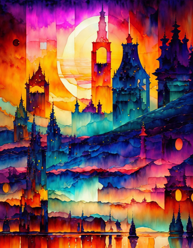 Abstract landscape watercolor painting with silhouetted pagodas and colorful sky.