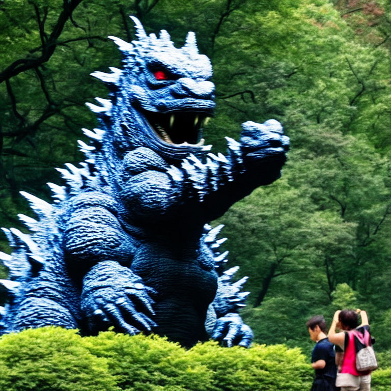 Giant Godzilla statue in forest with couple taking photo