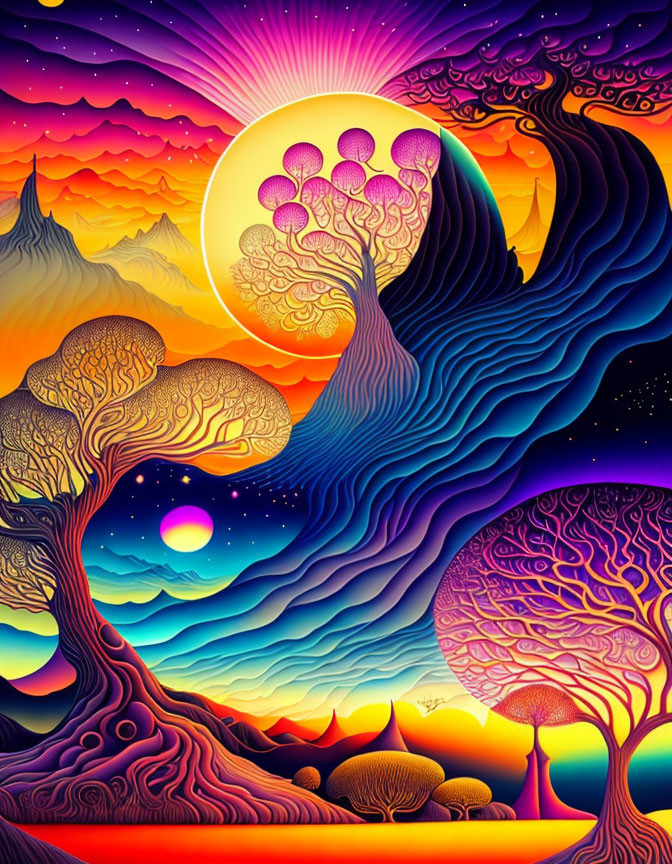 Colorful Psychedelic Landscape with Swirls, Waves, Trees, Sun, and Moon