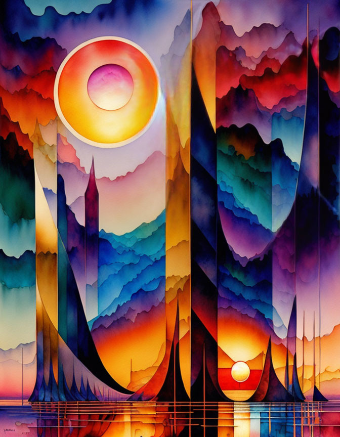 Colorful Abstract Watercolor Painting of Surreal Landscape