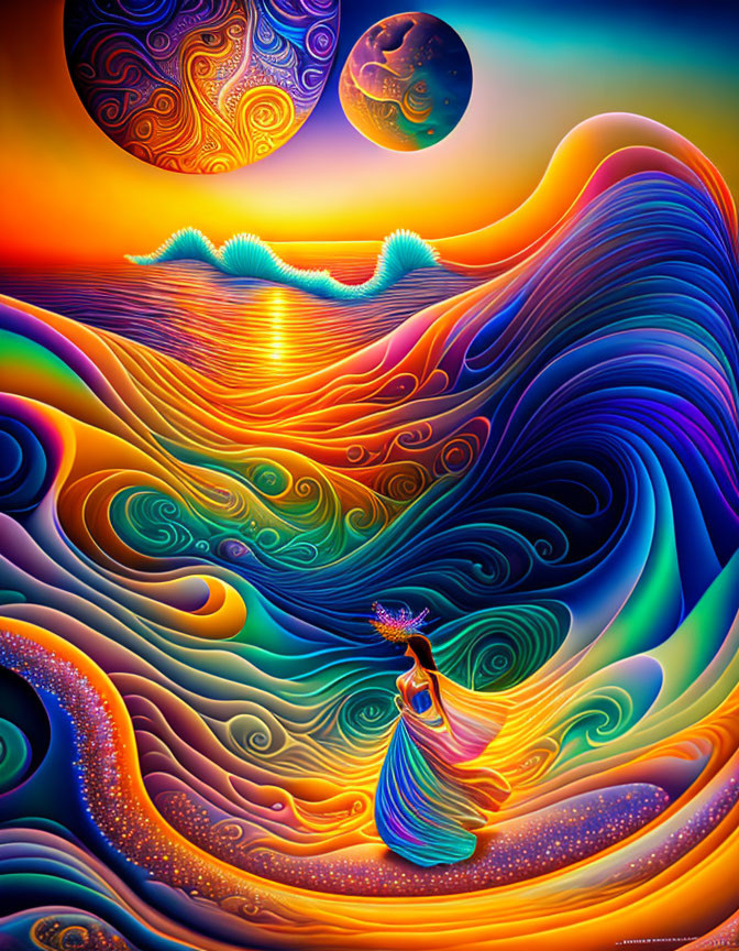 Colorful Psychedelic Landscape with Figure and Celestial Bodies