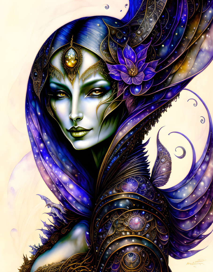 Digital artwork: Mystical female figure with blue skin and celestial-themed attire