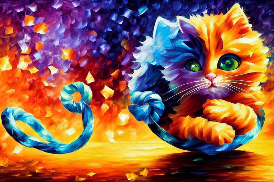 Vibrant orange and blue cat with green eyes on fiery purple background