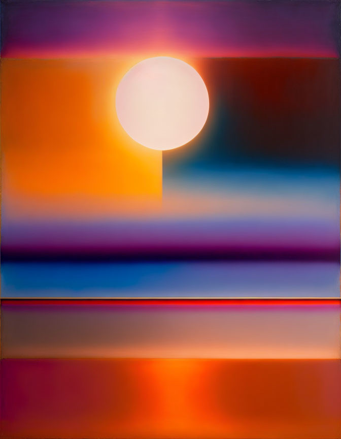 Abstract painting with central white circle and warm gradient colors on horizontal bands