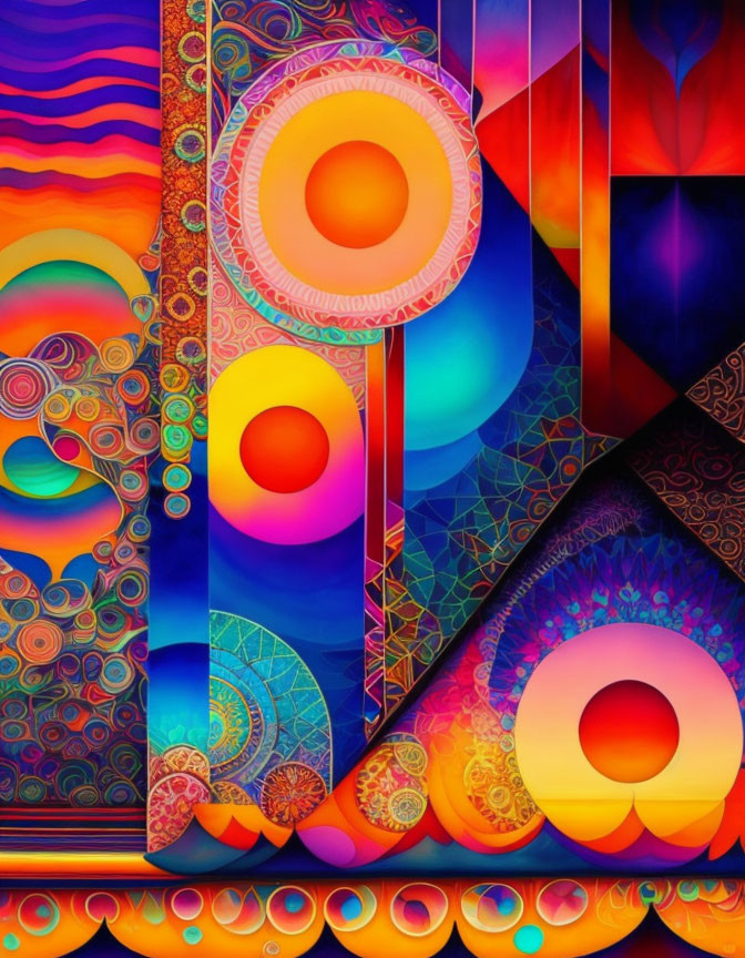 Colorful Abstract Artwork with Geometric Shapes & Swirling Patterns