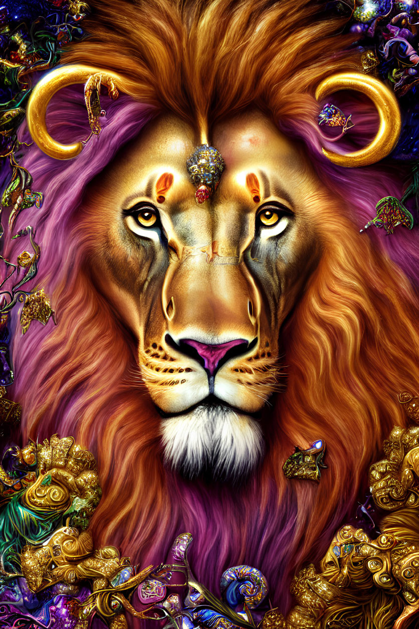 Majestic lion portrait with golden mane and intricate jewelry in baroque setting