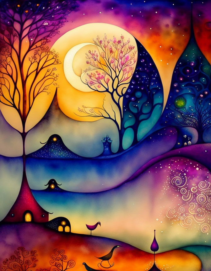 Vibrant painting: stylized trees, crescent moon, swirling patterns, small houses