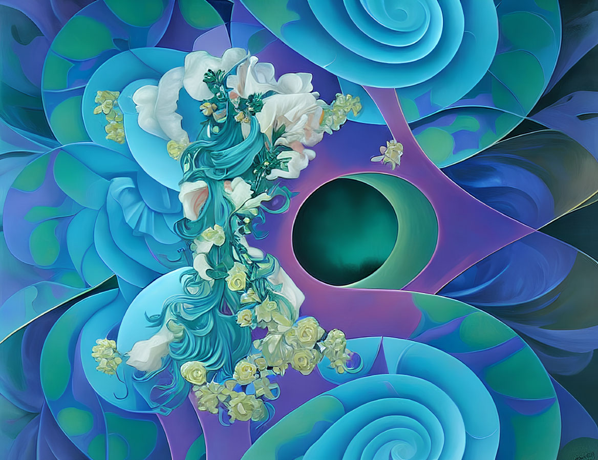 Surreal woman merged with abstract floral patterns in swirling blue shapes