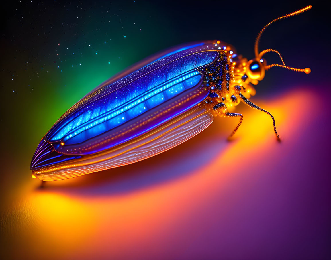 Colorful digital illustration of metallic blue beetle with sparkling droplets on soft-focus background