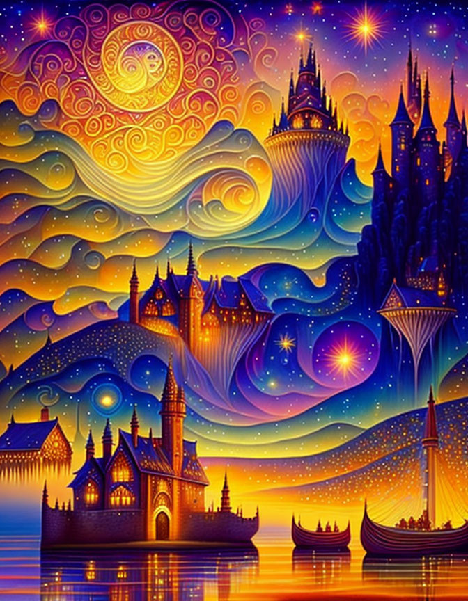 Fantasy-themed artwork: Glowing castles, boats, swirl-patterned sky